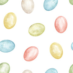 Seamless pattern with set vintage colorful easter eggs isolated on white background. Watercolor hand drawn illustration sketch