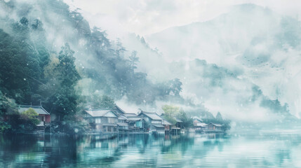 Fototapeta premium A watercolor painting of a small village covered in mist.