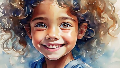 Watercolor illustration of cute little girl face. Female child with curly hair.