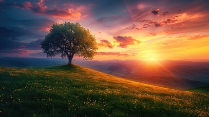 Lush Meadow Solitude: A Vibrant Tree Under a Dynamic Sunrise Sky, Horizon Light Enhancing the Scenic Tranquility