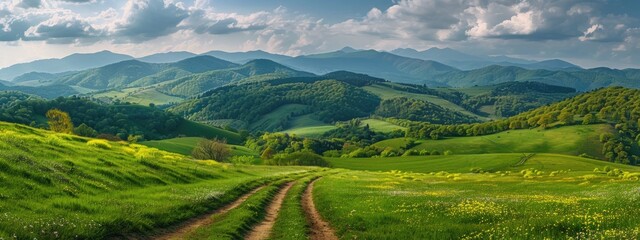 Springtime landscape in mountains. Panorama of beautiful countryside. grassy field and rolling hills. rural scenery - obrazy, fototapety, plakaty