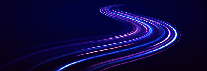 Abstract background in blue, yellow and orange neon colors. Vector speed of light in space on dark background.  Acceleration speed motion on night road. Bright sparkling background.