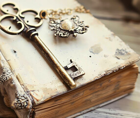 White bound book with antique vintage key