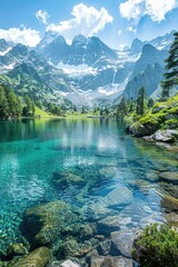 Fototapeta na wymiar Nature's Harmony: Panoramic View of a Clear Blue Lake, Verdant Forests, and Snow-Capped Mountains Under a Bright Sky