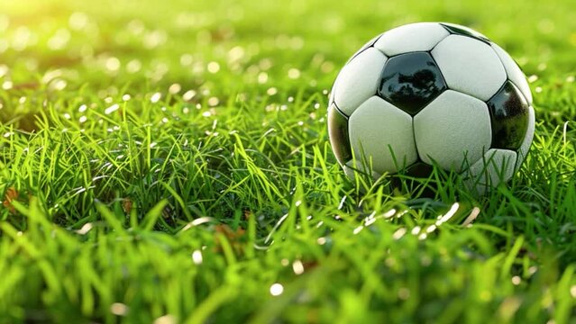 Soccer ball on a sunlit grass field, football ball footage for background