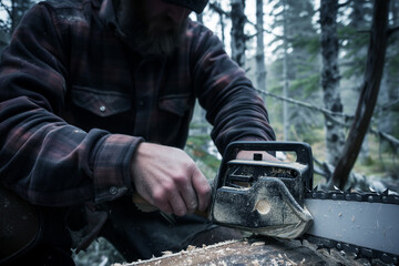 lumberjack sharpening a chainsaw blade - obrazy, fototapety, plakaty