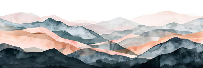 Mountain landscape watercolor painting illustration with line art pattern. Abstract contemporary aesthetic backgrounds landscapes