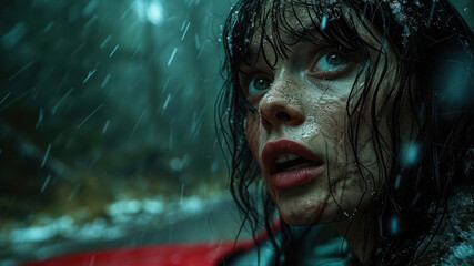 Close-up portrait of a young woman in the rain on the road