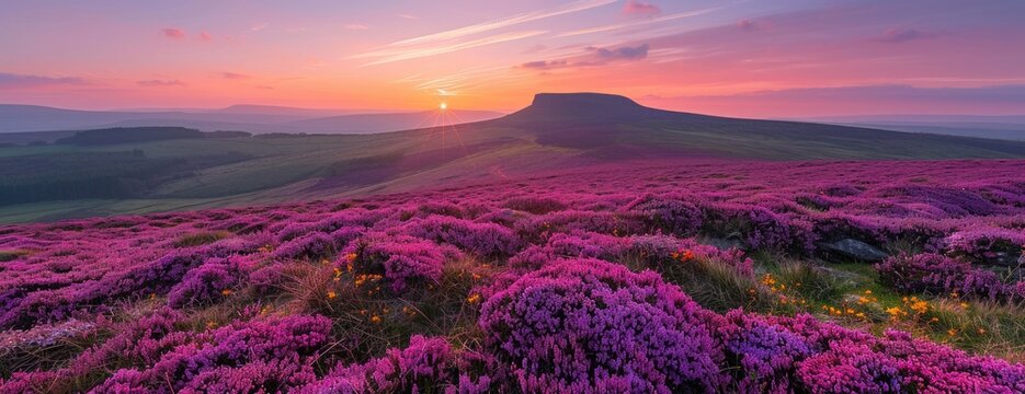 Sunset Over Hillside Blanketed in Pink Wildflowers: Distant Mountain Backdrop with Sky Painted in Purple and Orange