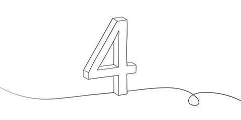Number 4 line art drawing on white background. 4th birthday continuous drawing contour. Minimal vector illustration