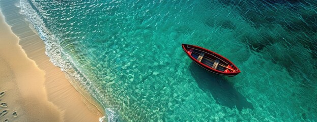 Fototapeta premium Aerial Shot of Solitary Boat on Turquoise Ocean Waters Near White Sandy Beach