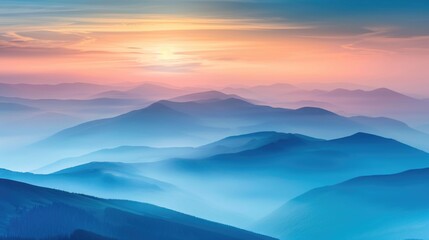 Fototapeta premium Misty Mountain Panorama at Sunset: Warm Glow Softens the Transition from Blue to Orange Ridges