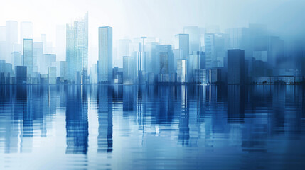 Fototapeta na wymiar Futuristic city with blue reflections on water.