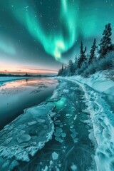 Ethereal Northern Lights Dance: A Canvas of Green and Blue Above Icy Terrain