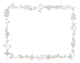 Rectangle frame with varied simple small pink flowers, plants and leaves isolated on white background. Watercolor hand drawn illustration
