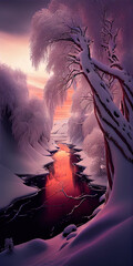 Beautiful extraterrestrial snowy glacial landscape red tree. AI generated.