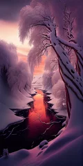Schilderijen op glas Beautiful extraterrestrial snowy glacial landscape red tree. AI generated. © writerfantast