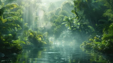  Misty Jungle Serenity: Towering Trees and Lush Foliage Surrounding a Serene River, Dappled Sunlight Reflecting Through the Canopy © Landscape Planet