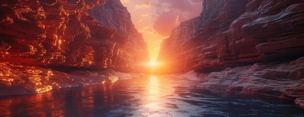 Poster Tranquil Dawn: A Canyon River's Journey Through Time-Smoothed Sandstone, Illuminated by the Soft Pink Glow of Sunrise at the Passage's End © Landscape Planet
