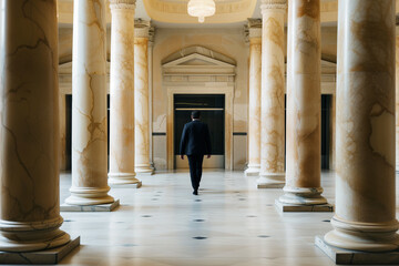 man walking through foyer, marble columns on each side