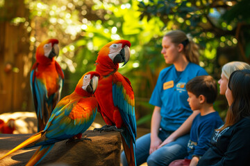 zoo staff member educating a group about parrot conservation - obrazy, fototapety, plakaty