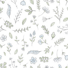 Seamless pattern with varied simple small flowers, plants and leaves isolated on white background. Watercolor hand drawn illustration