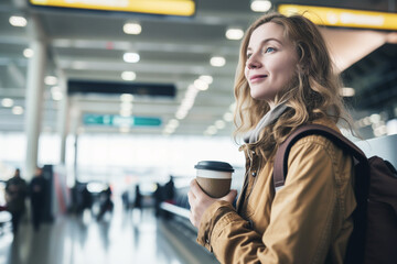 woman with coffee cup waiting at gate