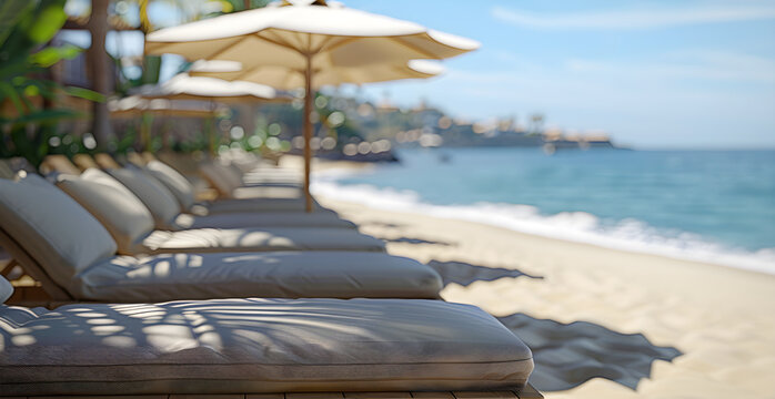photo of Beach sun loungers and Beach background. daytime.