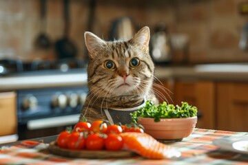 Cat Sitting at Table With Bowl of Vegetables