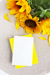 greeting card mockup with sunflower. bouquet of sunflowers on a white background