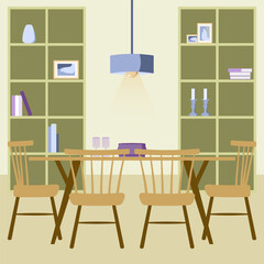 Mid century style dining room interior in green and brown with dining table, chairs, ceiling lamp, bookcases, vases, wine glasses, bowl, candlesticks and art set. Flat illustration for your projects