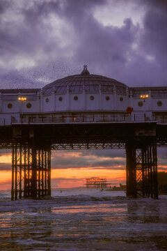 Brighton with the two piers at sunset. 