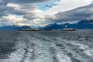 end of the world lighthouse in ushuaia argentina on an island of rocks in the beagle channel