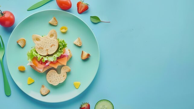 breakfast for child with cat shape sandwich. Funny food for child