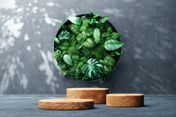 Nature Minimal concept - concrete round frame with tropical leaves inside wooden podium. Botanical design for cosmetics, spa, perfume, beauty salon, travel agency. Copy space, 3D rendering.