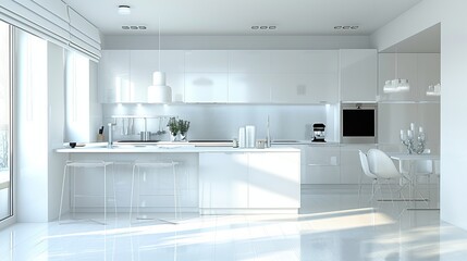 Minimalist white kitchen, minimalist furnishings and white accents