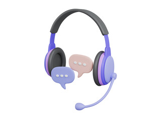 3D illustration of a headset with speech bubbles symbolizing customer service communication and online support