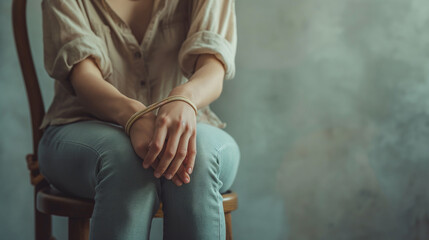Closeup woman sitting on the chair with tied hands by rope