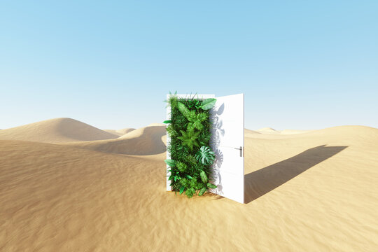 Open door in desert leading to tropical garden, green nature on desert background. Travel concept, teleport, fresh air, resort, summer. 3D rendering, Copy space