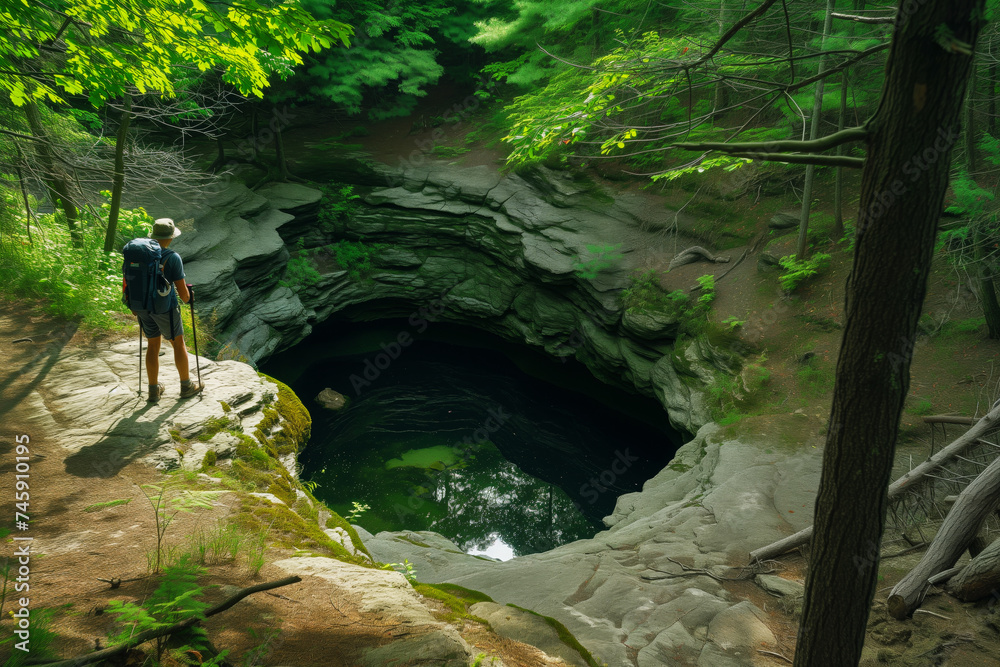 Canvas Prints hiker standing by a sinkhole in forested terrain