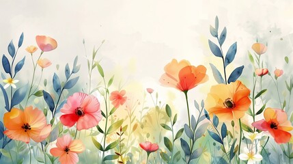 Fototapeta na wymiar Watercolor floral background with poppies and grass