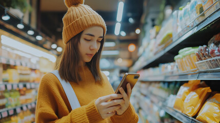 Closeup young woman using cell phone in the supermarket	