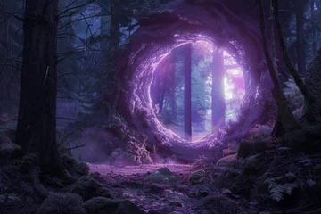 Zelfklevend Fotobehang neon circle gate in the forest. cinematic mystical scene.  © CreativeCreations