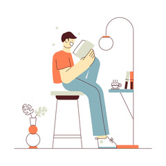 Fototapeta premium Man Reading Book Alone Illustration