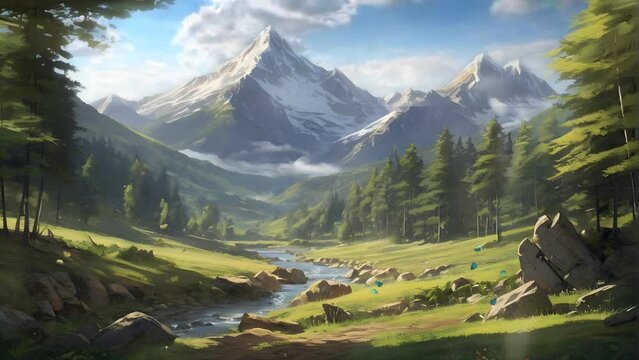 painting of a mountain scene with a stream running through it. seamless looping 4k video animation background