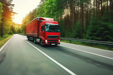 red truck with cargo driving fast on a forestlined road