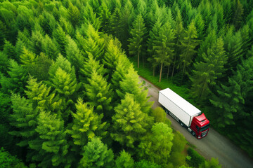 refrigerated goods truck on urgent delivery in evergreen forest