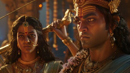 A portrait-style depiction of Lord Rama and his wife Sita in a godly avatar. - obrazy, fototapety, plakaty