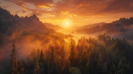 Radiant Dawn: Breathtaking Sunrise Illuminates Rugged Mountain Peaks and Misty Forest Below - obrazy, fototapety, plakaty
