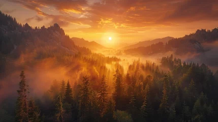 Fotobehang Radiant Dawn: Breathtaking Sunrise Illuminates Rugged Mountain Peaks and Misty Forest Below © Landscape Planet